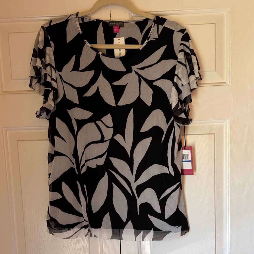 Vince Camuto Black and White Leaf Print Blouse